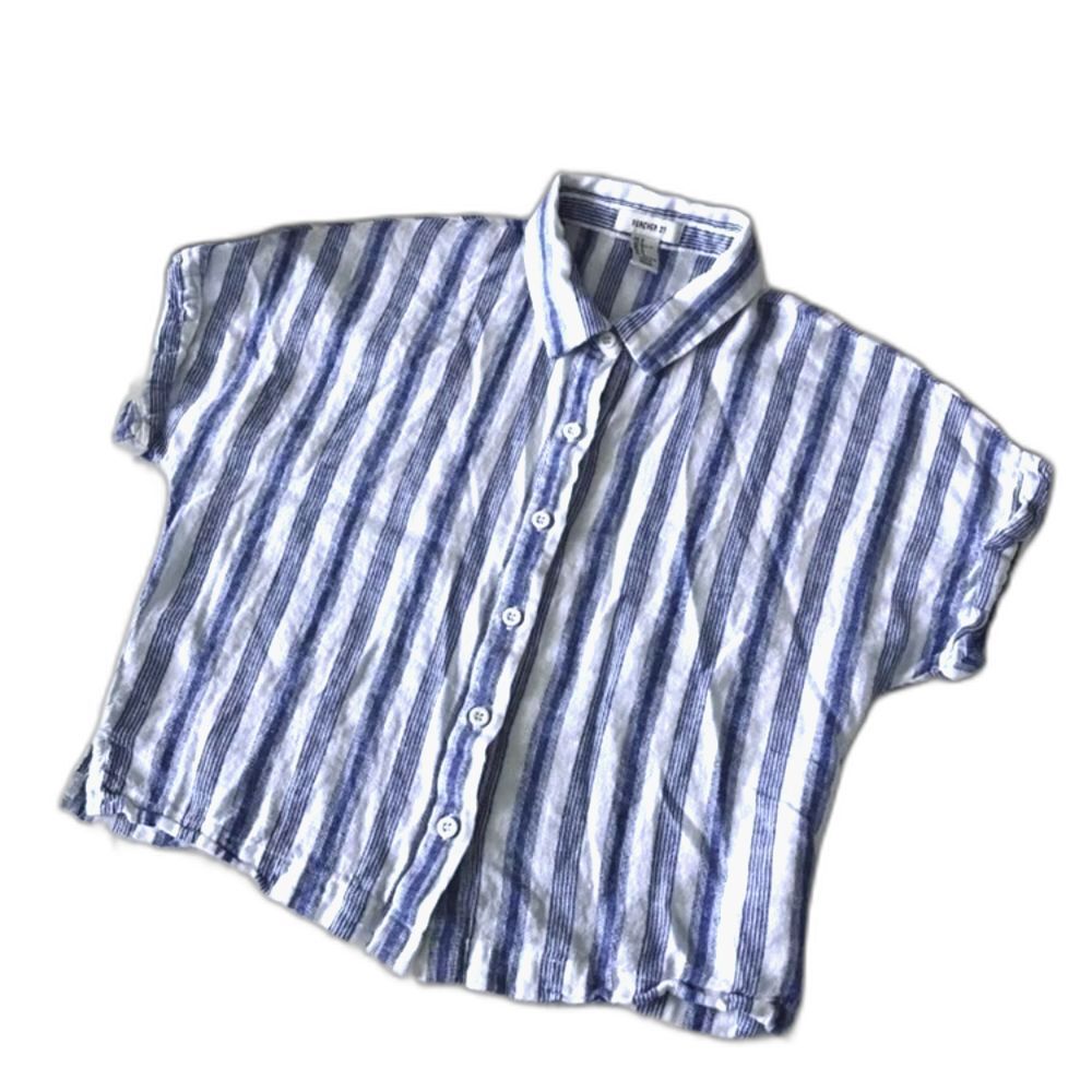 Forever 21 Button Down Crop Top Linen Size Small Blue White Striped